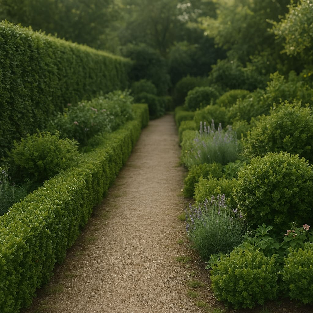 Geschnittene Hecken entlang eines Gartenwegs