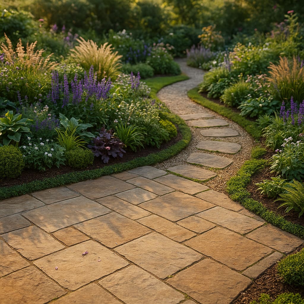 Stein-Terrasse mit bepflanztem Rand